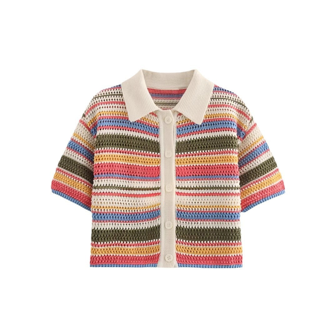 Multi-Color Striped Crochet Short Sleeve Cardigan for Women