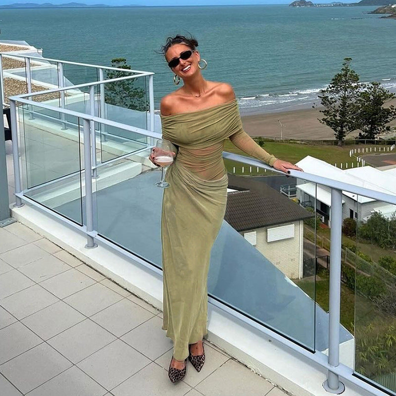 Off Shoulder Mesh Ruched Draped Maxi Dress for Women