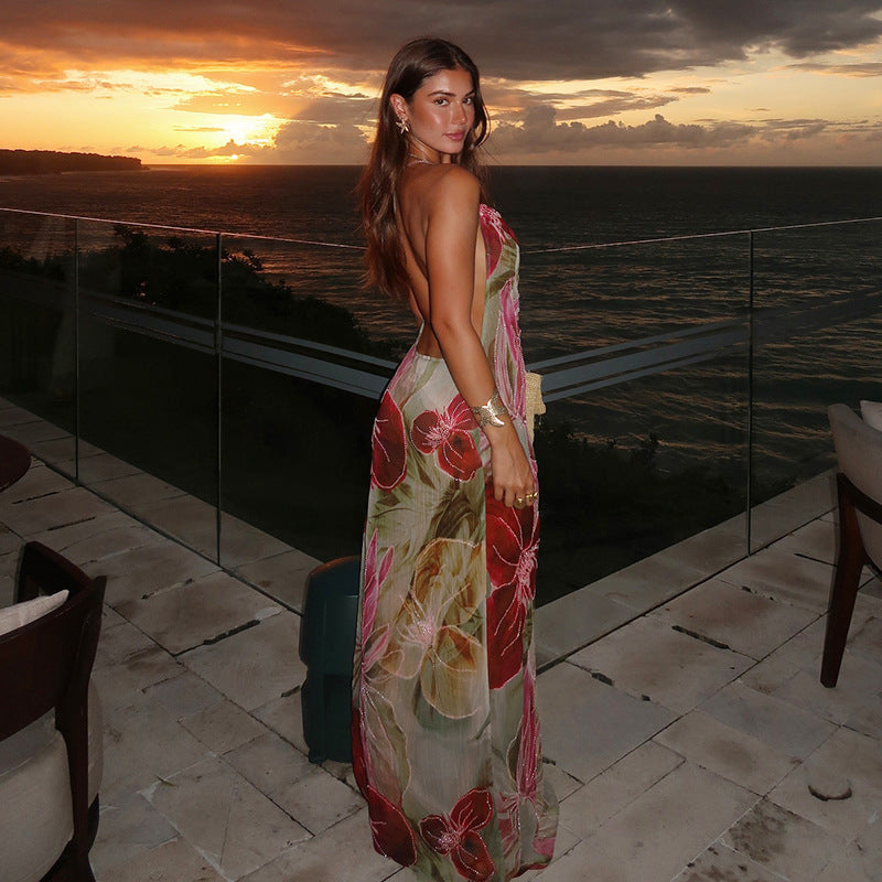 Floral Print Mesh Maxi Dress for Women