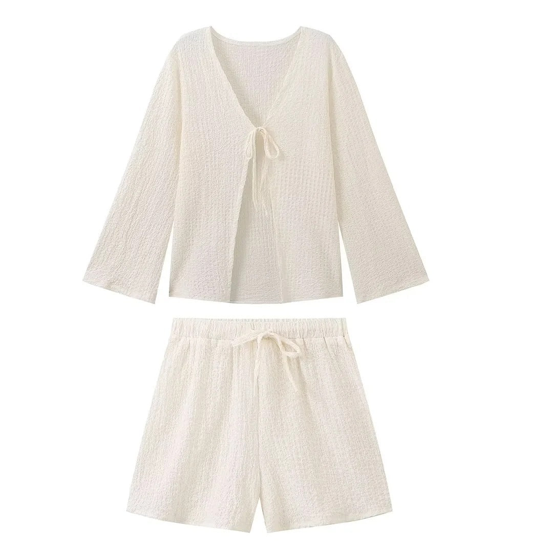 Textured Tie Front Bell Sleeve Crop Top and Shorts Set for Women