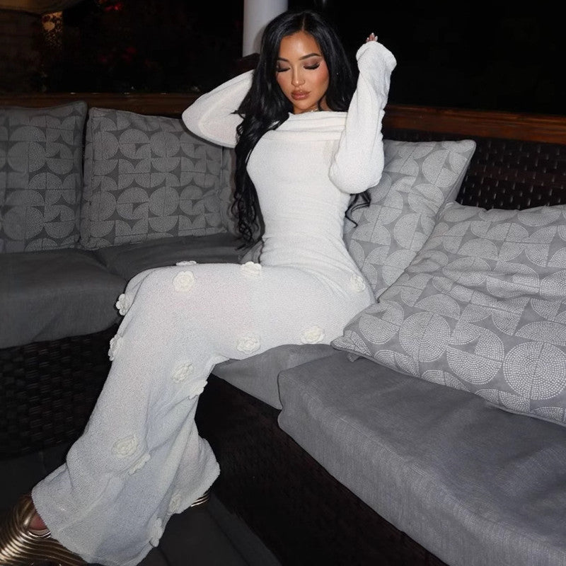 Off Shoulder Long Sleeve Knit Floral Applique Maxi Dress for Women