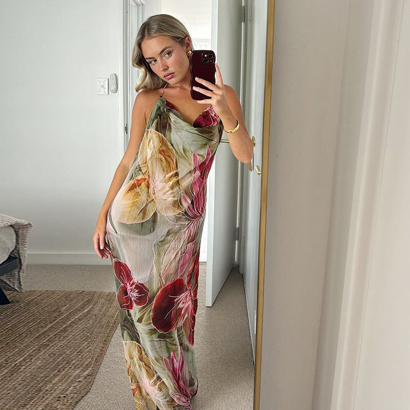 Floral Print Mesh Maxi Dress for Women