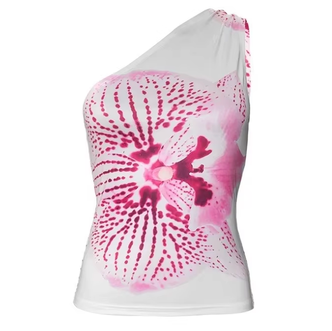 One-Shoulder Orchid Print Top for Women