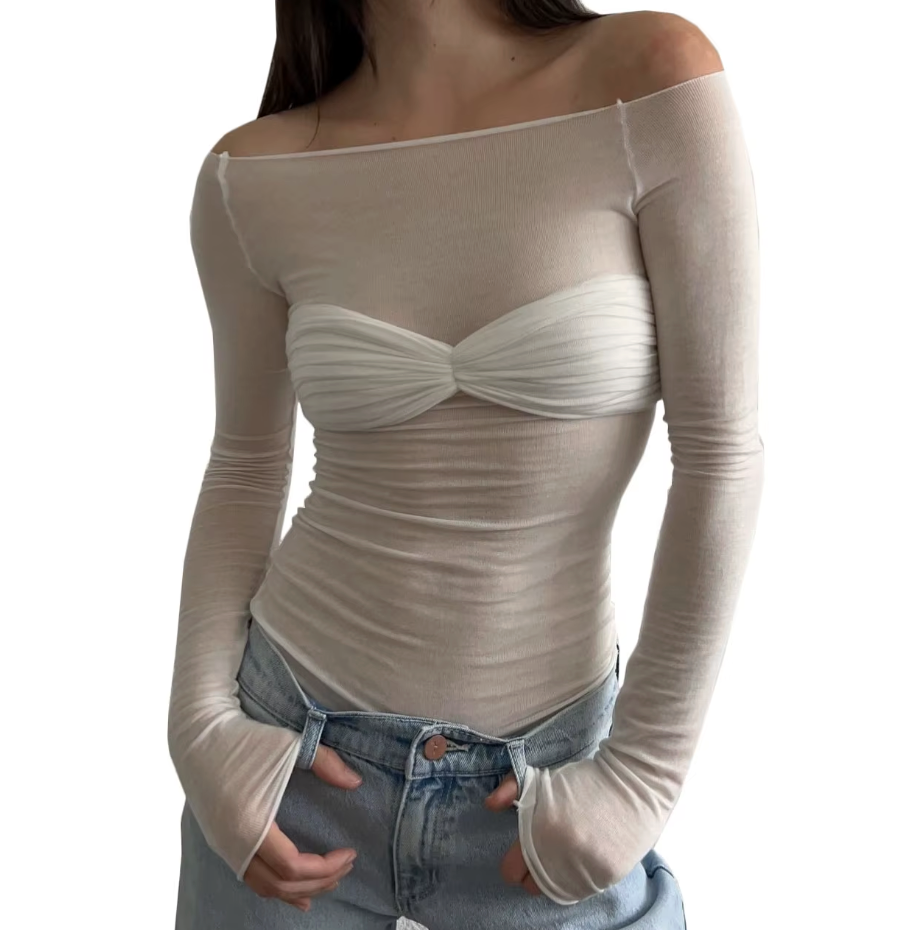 Off-Shoulder Sheer Top with Twist Front for Women