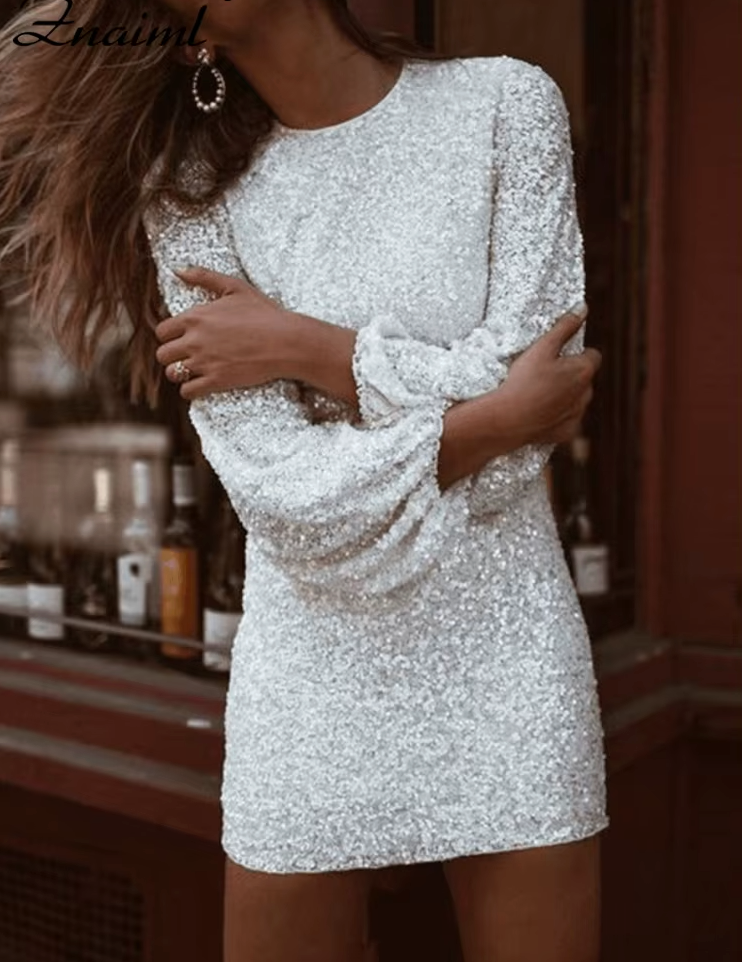 Sequin Bodycon Mini Dress with Balloon Sleeves for Women
