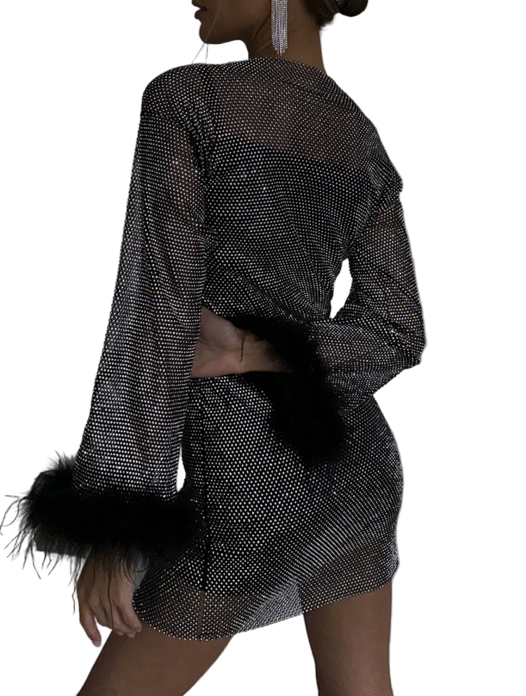 Mesh Glitter Mini Dress with Feather Cuffs for Women