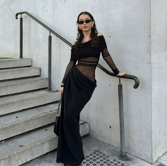 Off Shoulder Mesh Ruched Draped Maxi Dress for Women