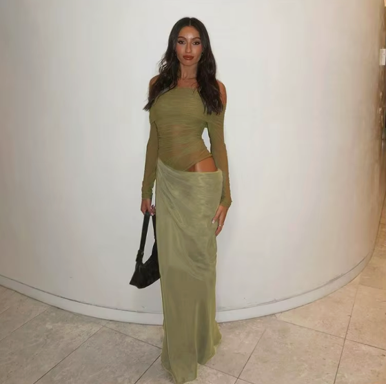 Off Shoulder Mesh Ruched Draped Maxi Dress for Women