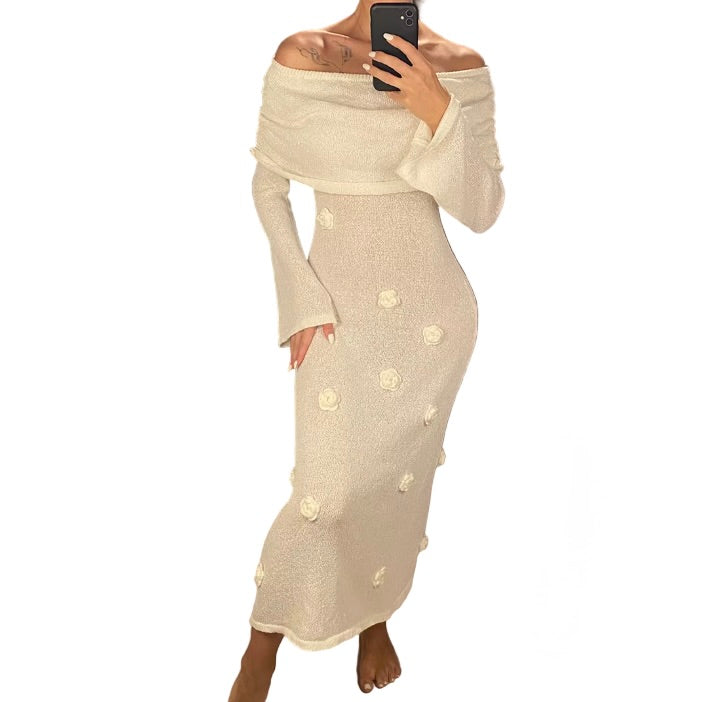 Off Shoulder Long Sleeve Knit Floral Applique Maxi Dress for Women