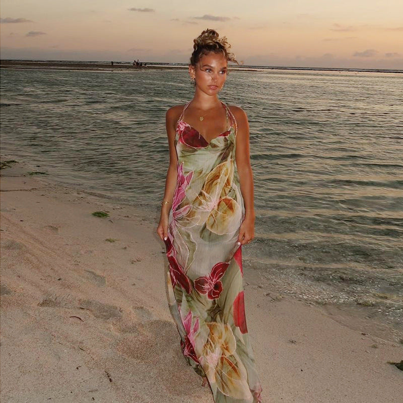 Floral Print Mesh Maxi Dress for Women