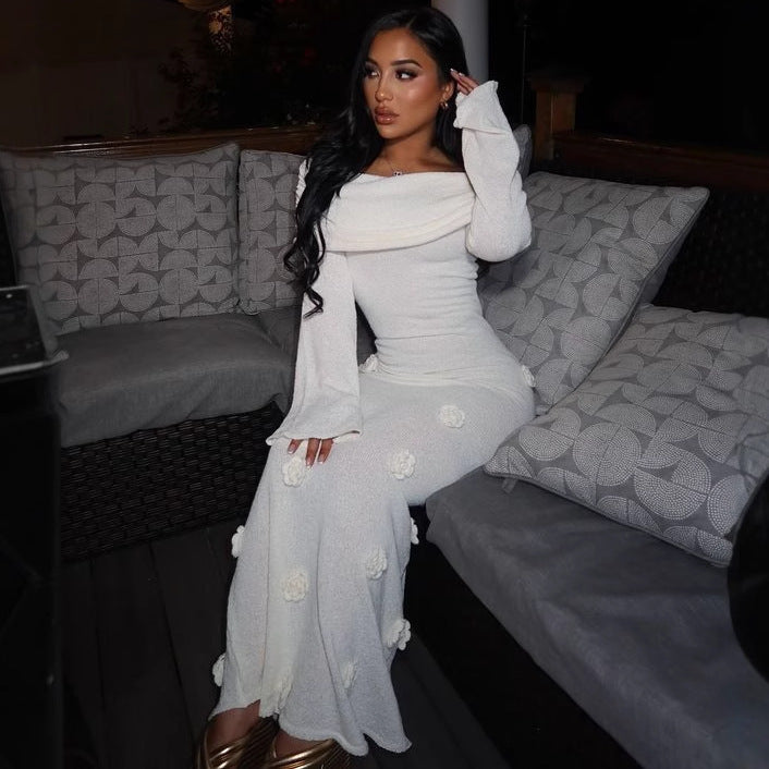 Off Shoulder Long Sleeve Knit Floral Applique Maxi Dress for Women