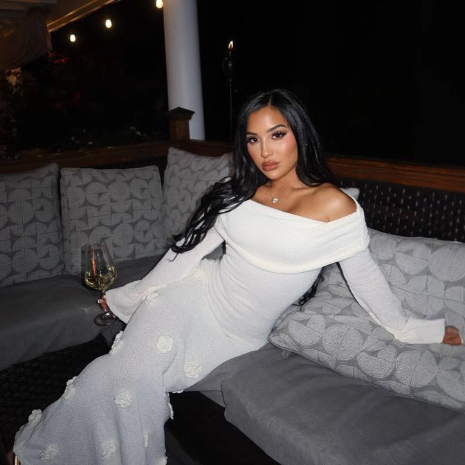 Off Shoulder Long Sleeve Knit Floral Applique Maxi Dress for Women