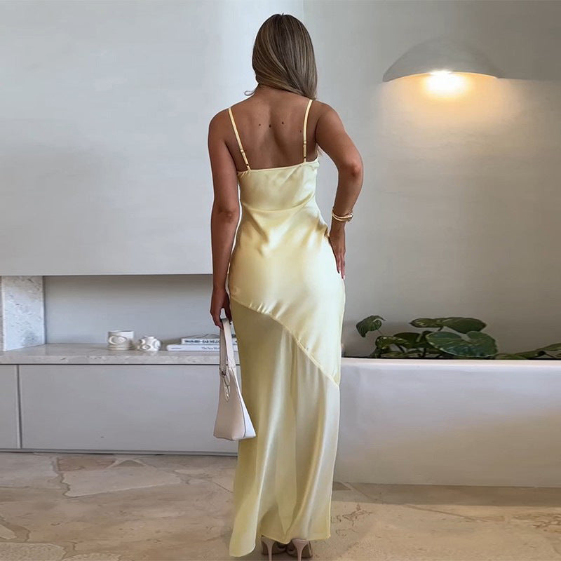 Color Block Satin Deep V-Neck Maxi Dress for Women