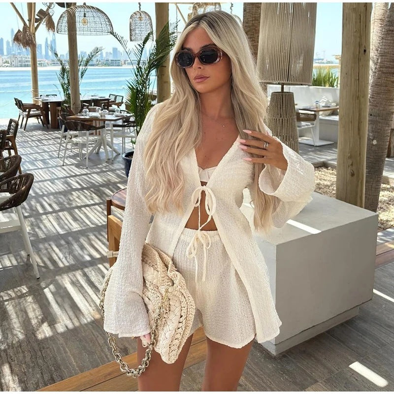 Textured Tie Front Bell Sleeve Crop Top and Shorts Set for Women
