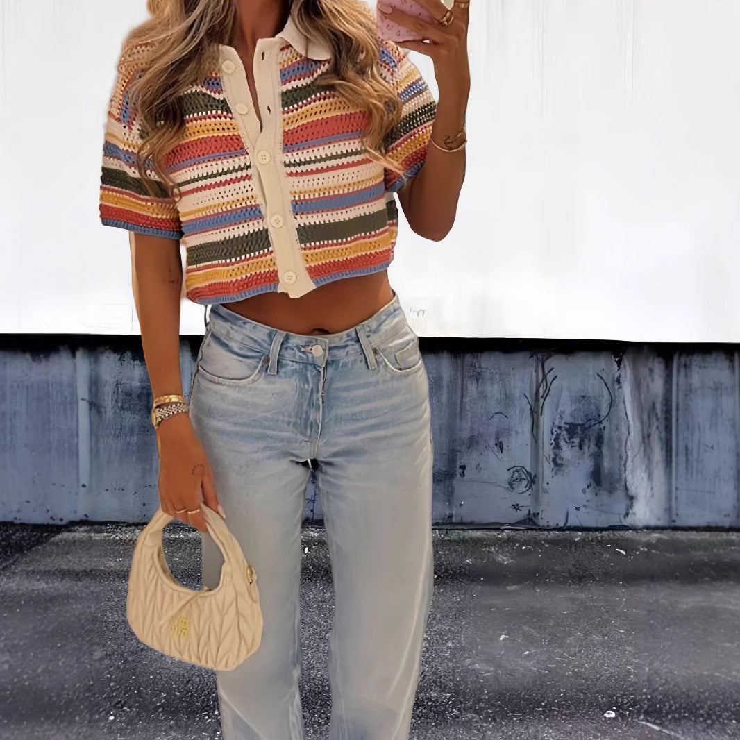 Multi-Color Striped Crochet Short Sleeve Cardigan for Women