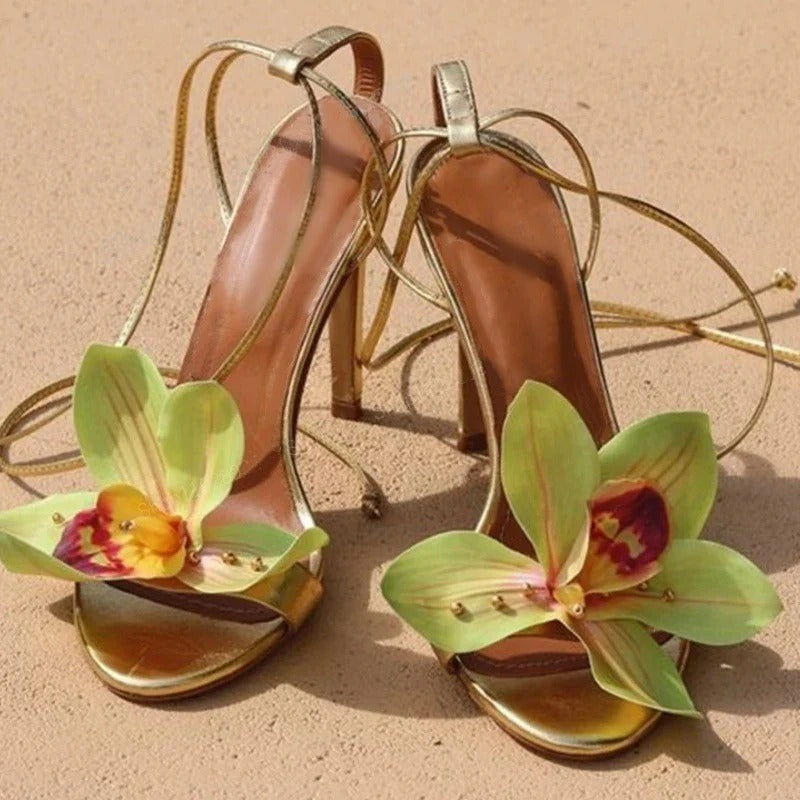 Floral Ankle Wrap Stiletto Heels for Women