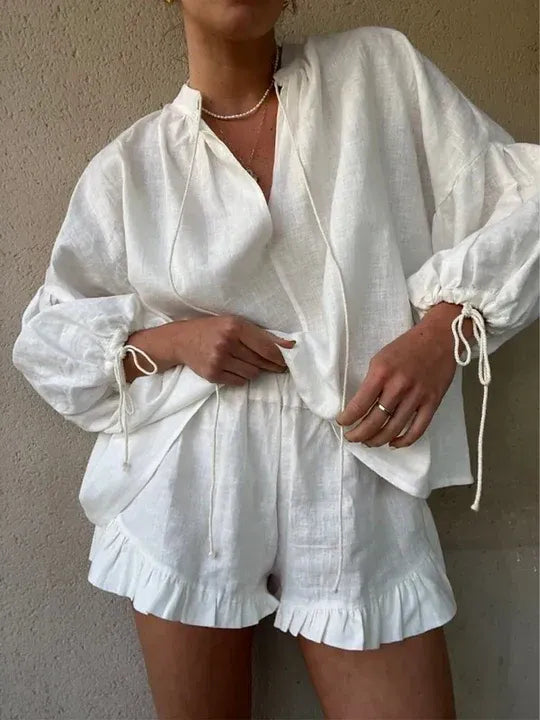 Two-Piece Linen Blouse and Ruffled Shorts Set for Women