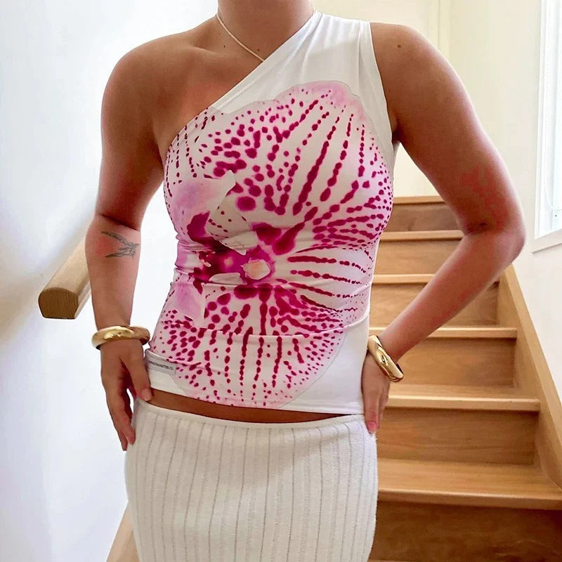 One-Shoulder Orchid Print Top for Women