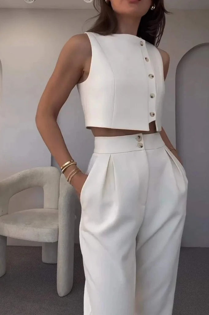 Two-Piece Cropped Vest Top and Pleated Trousers Set for Women