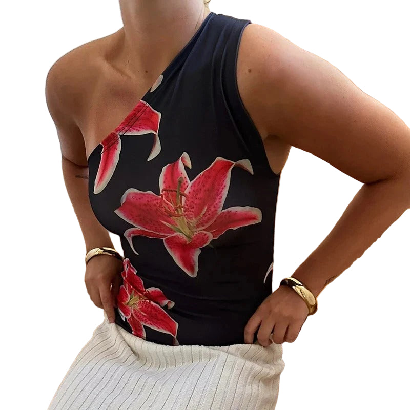One-Shoulder Orchid Print Top for Women