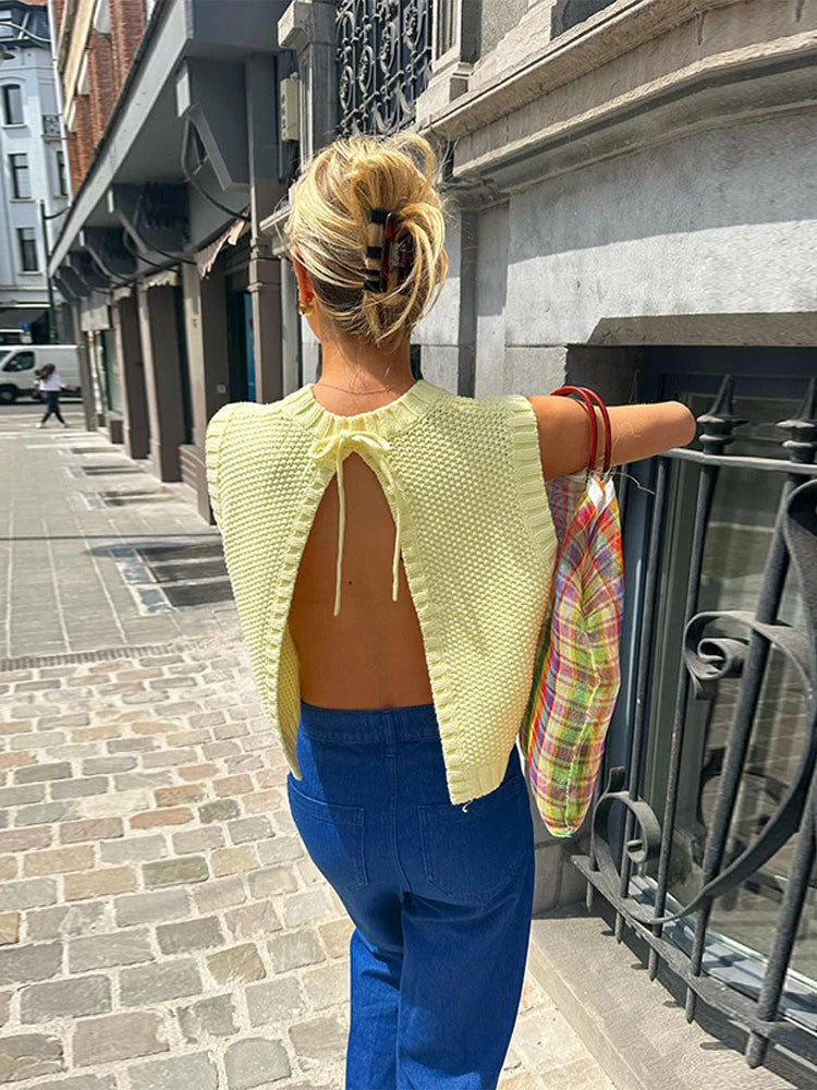 Knit Tie Back Sleeveless Open Back Knitted Top for Women
