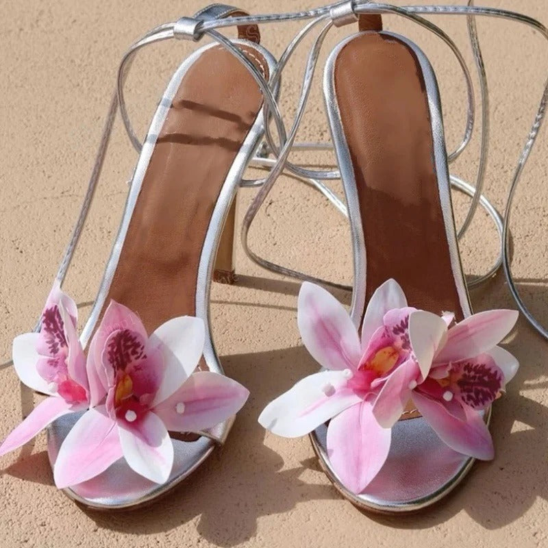 Floral Ankle Wrap Stiletto Heels for Women