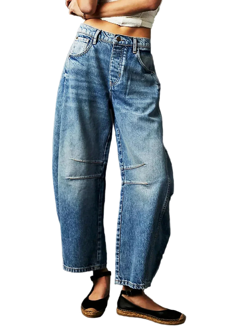 Washed High Rise Baggy Cropped Jeans for Women