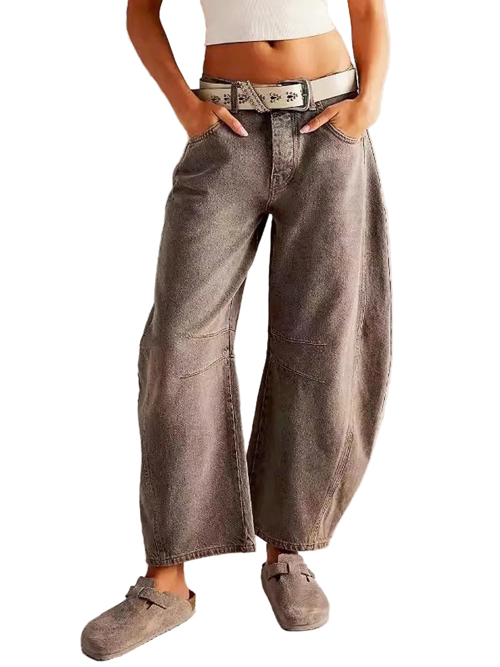 Washed High Rise Baggy Cropped Jeans for Women