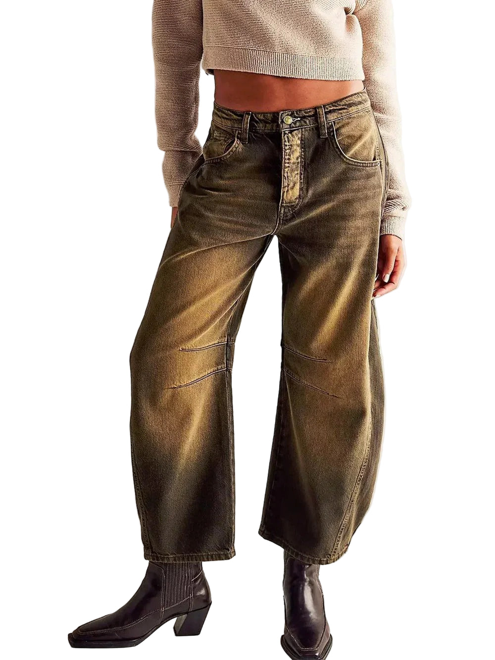 Washed High Rise Baggy Cropped Jeans for Women