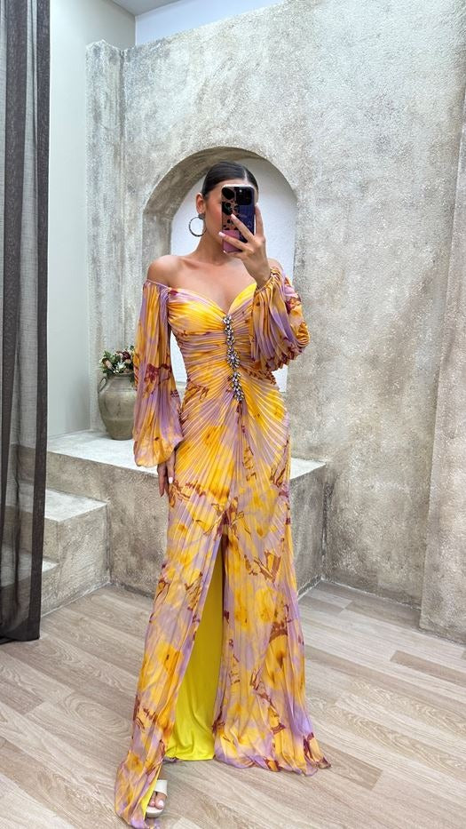 Off Shoulder Pleated Butterfly Print Slit Maxi Dress for Women