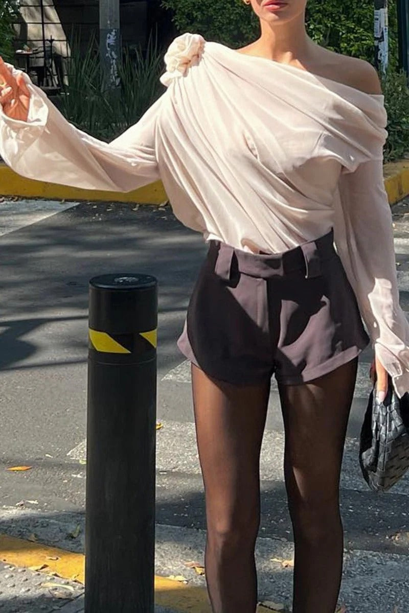 Rose One Shoulder Long Sleeve Blouse for Women