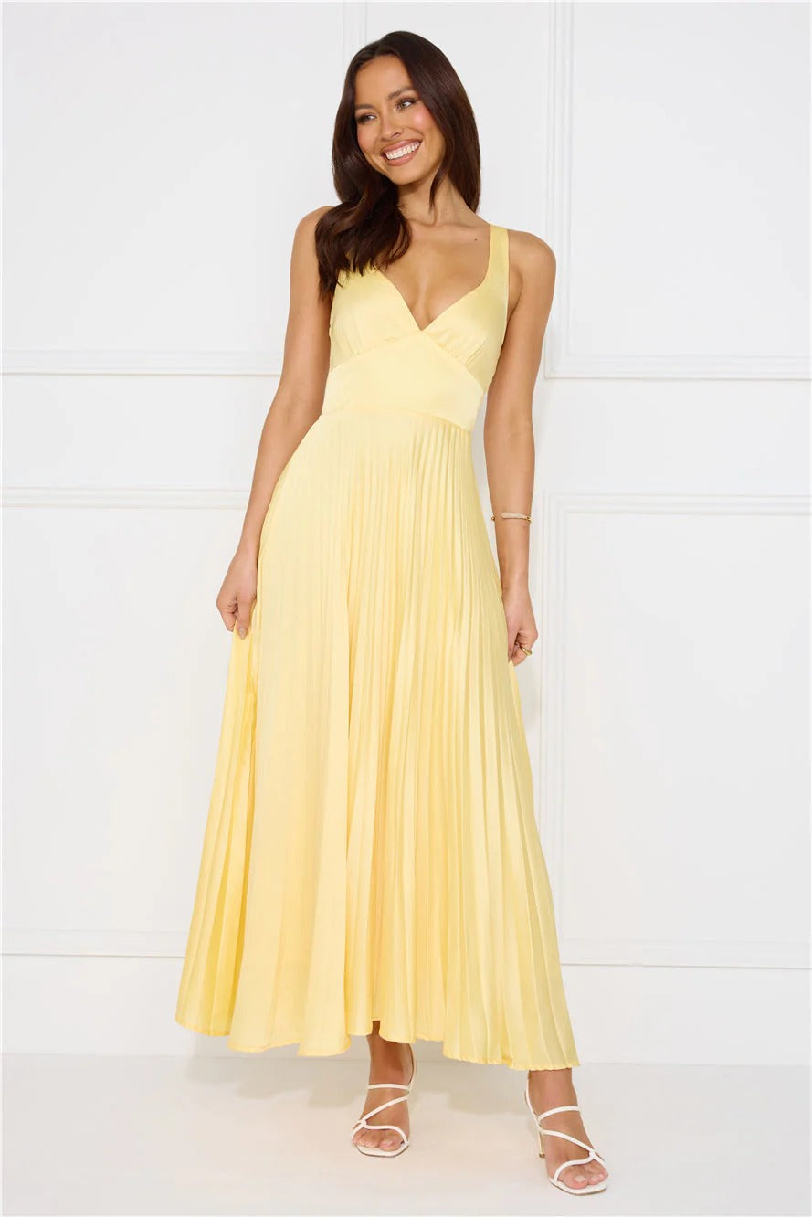 Pleated V-Neck Cut Maxi Dress for Women