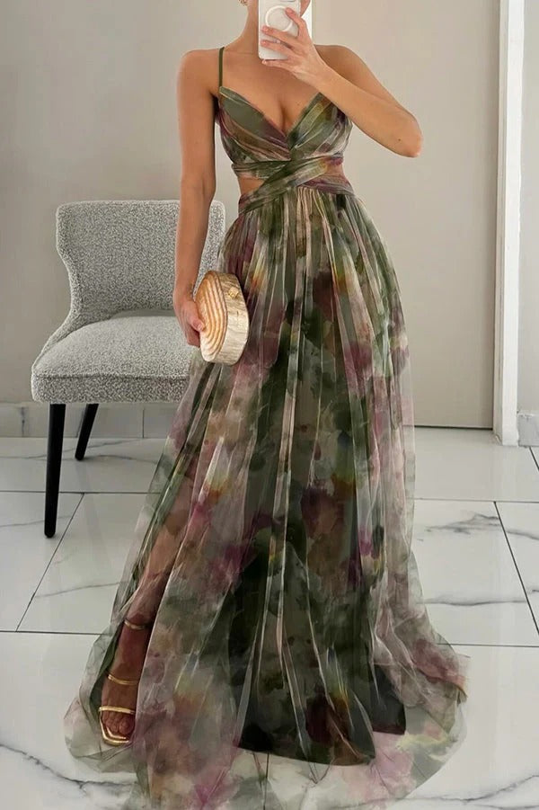 Floral Print Ruched Pleated Tulle Maxi Dress for Women
