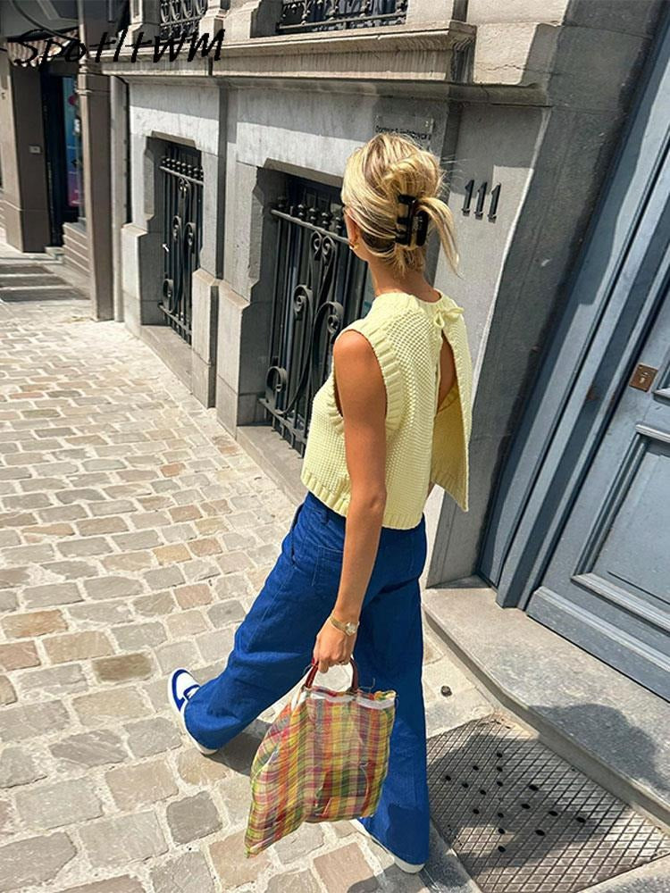 Knit Tie Back Sleeveless Open Back Knitted Top for Women