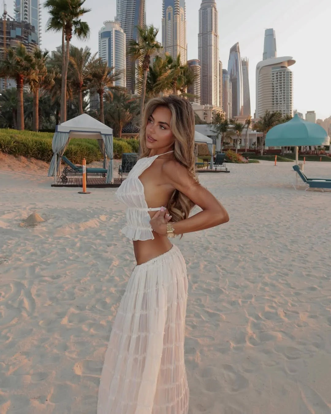 Halterneck Ruched Shirred Cropped Top and Maxi Skirt Set for Women