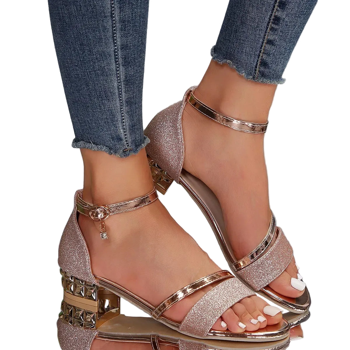 Glitter Embellished Block Heel Sandals for Women