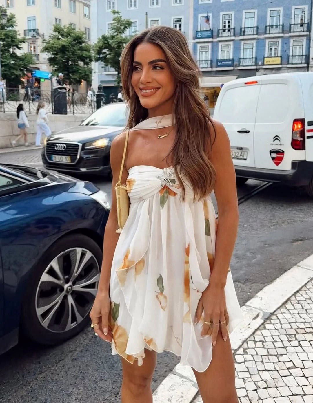 Floral Print Chiffon Ruffle Mini Dress for Women