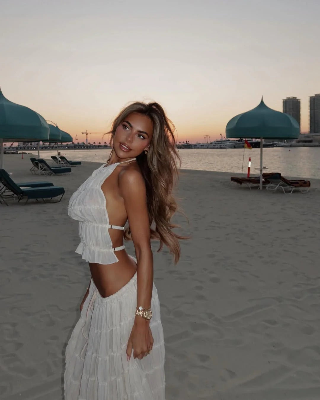 Halterneck Ruched Shirred Cropped Top and Maxi Skirt Set for Women