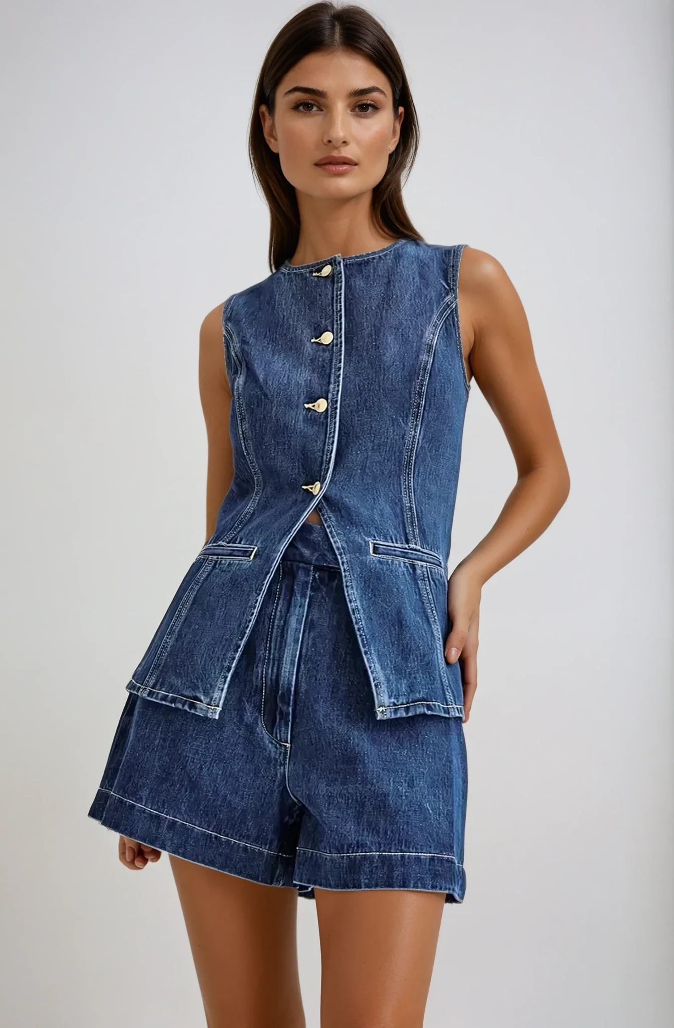 Split Front Peplum Denim Sleeveless Top and Shorts Set for Women