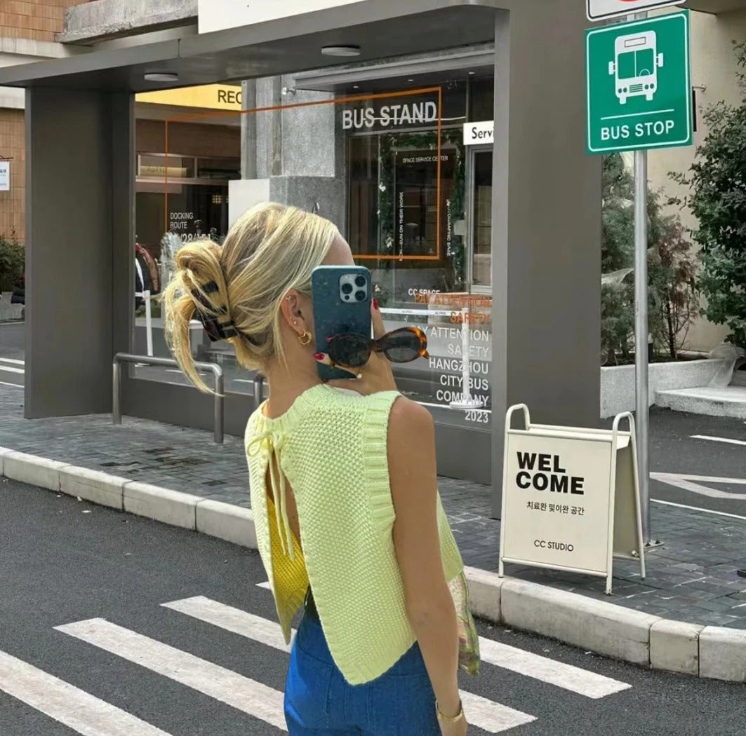 Knit Tie Back Sleeveless Open Back Knitted Top for Women