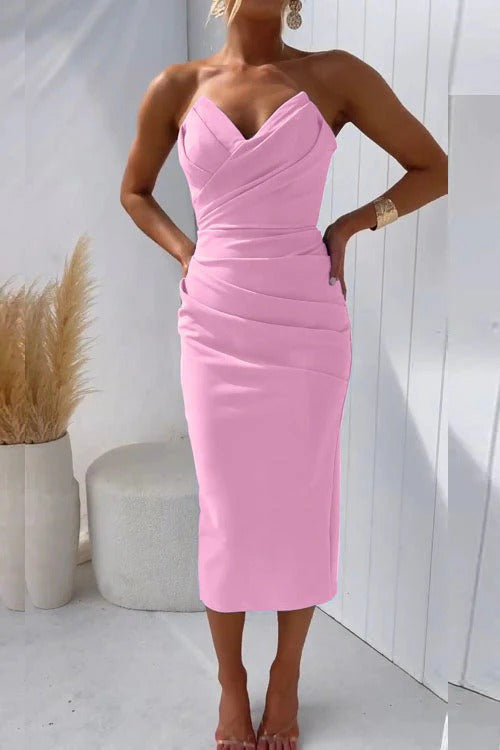 Draped Ruched Crossover Strapless Midi Dress for Women