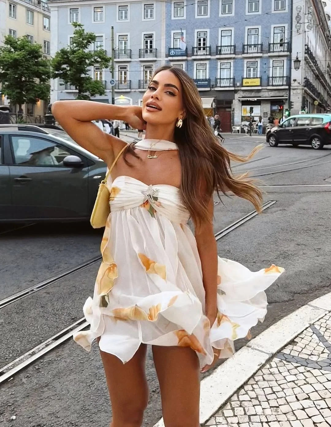 Floral Print Chiffon Ruffle Mini Dress for Women