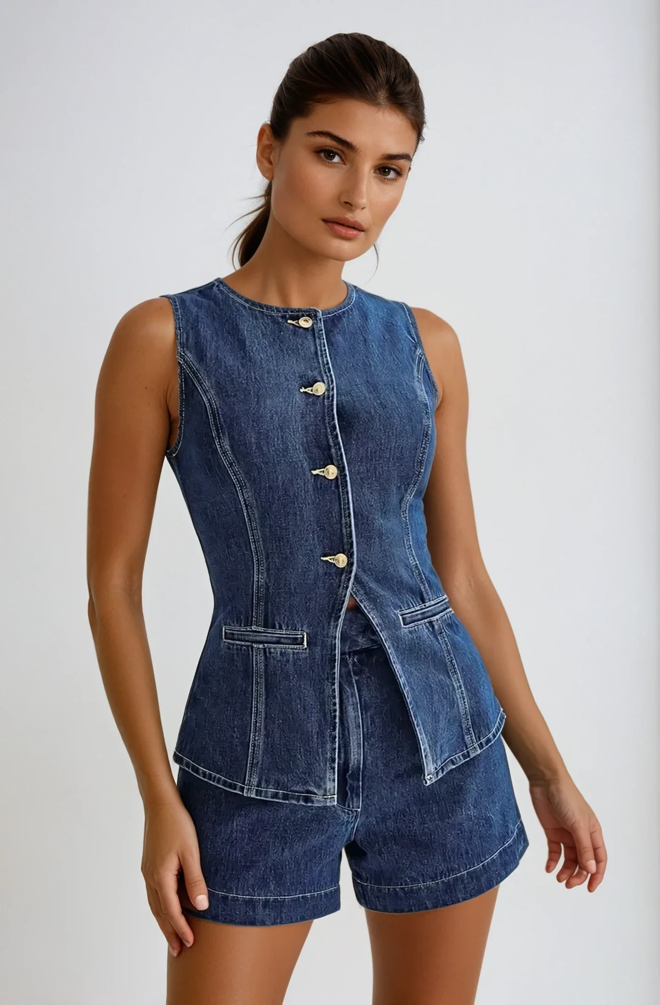 Split Front Peplum Denim Sleeveless Top and Shorts Set for Women
