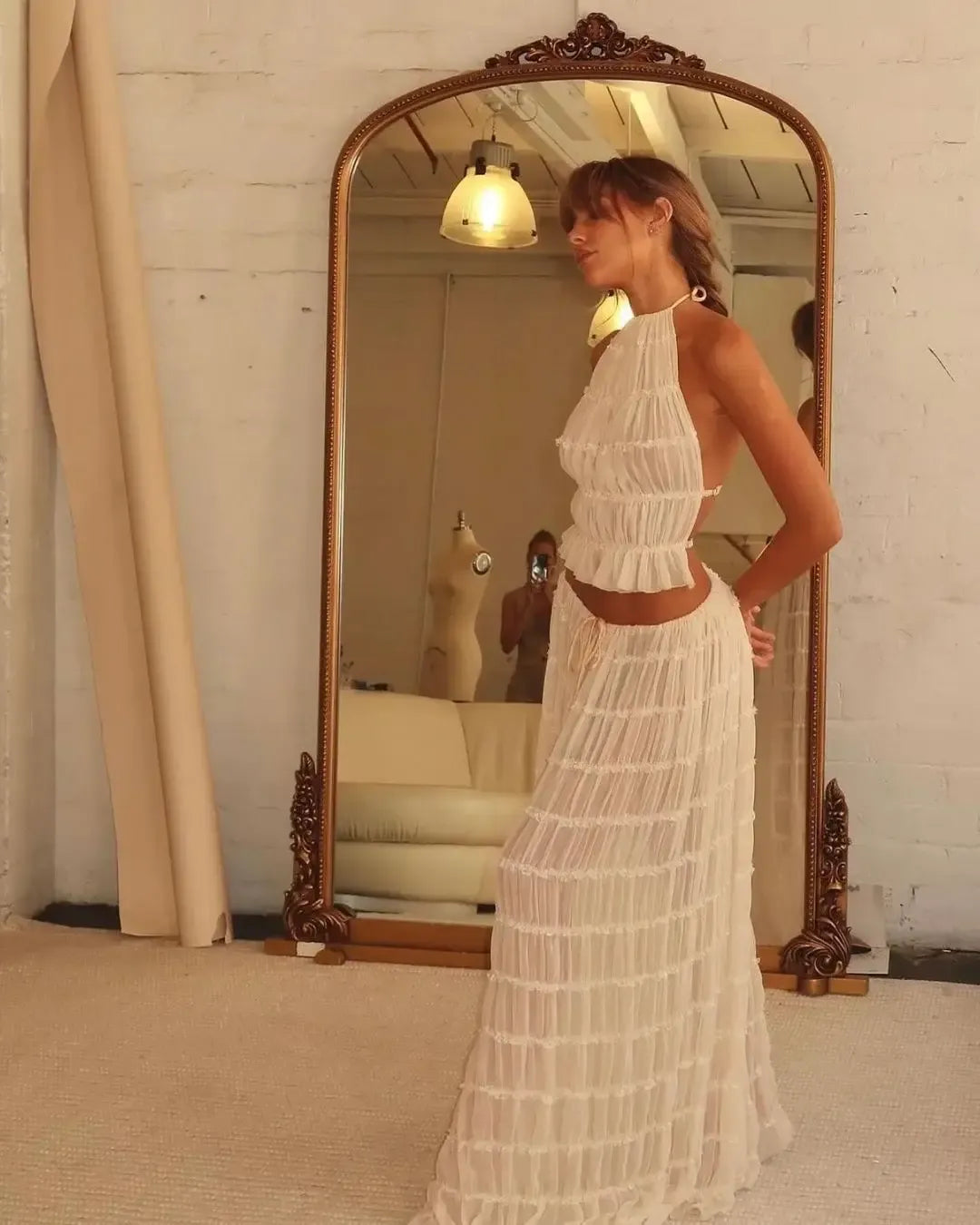 Halterneck Ruched Shirred Cropped Top and Maxi Skirt Set for Women