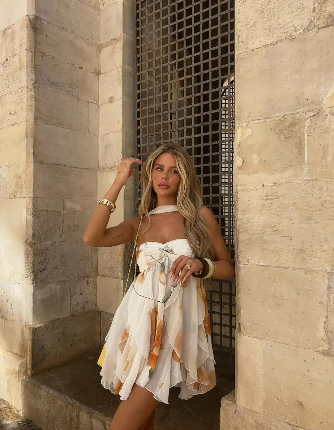 Floral Print Chiffon Ruffle Mini Dress for Women