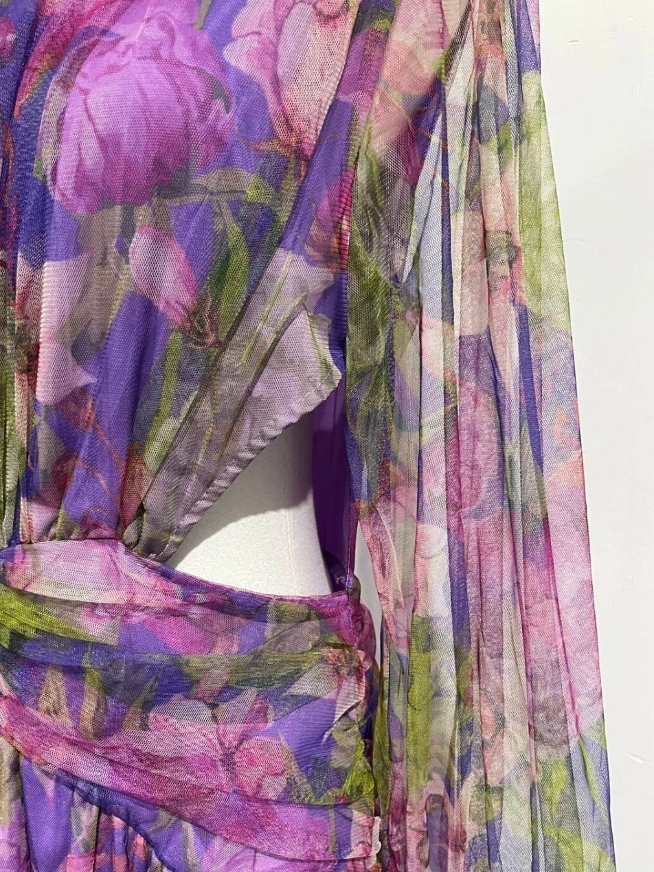 Mesh Floral Print One Shoulder Maxi Dress for Women