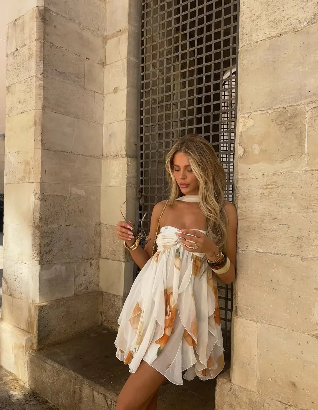 Floral Print Chiffon Ruffle Mini Dress for Women