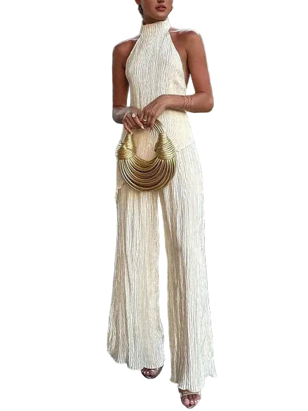 Pleated Halter Neck Wide Leg Jumpsuit for Women