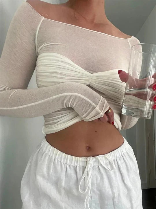 Off-Shoulder Sheer Top with Twist Front for Women