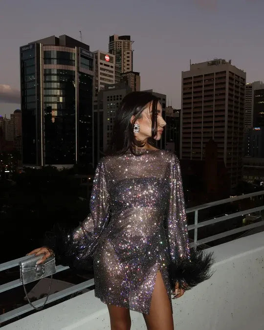 Mesh Glitter Mini Dress with Feather Cuffs for Women